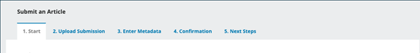 Submit an Article page on OJS showing the tabs to completion, starting with the Start tab