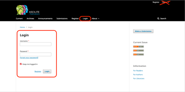 Login screen of OJS with username and password boxes encircled