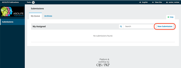 Submissions page of OJS with New Submission button encircled in the My Queue tab