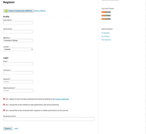 Registration form on OJS showing profile fields