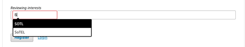Reviewing Interests field in OJS showing autocomplete example