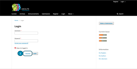 Login page on OJS with Register button encircled