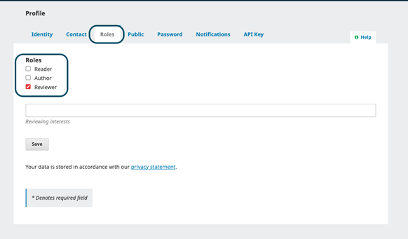 Roles tab in user's profile in OJS, with Roles checkboxes encircled