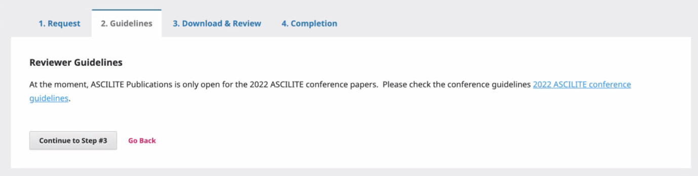 Guidelines tab on OJS showing a link to the conference review guidelines