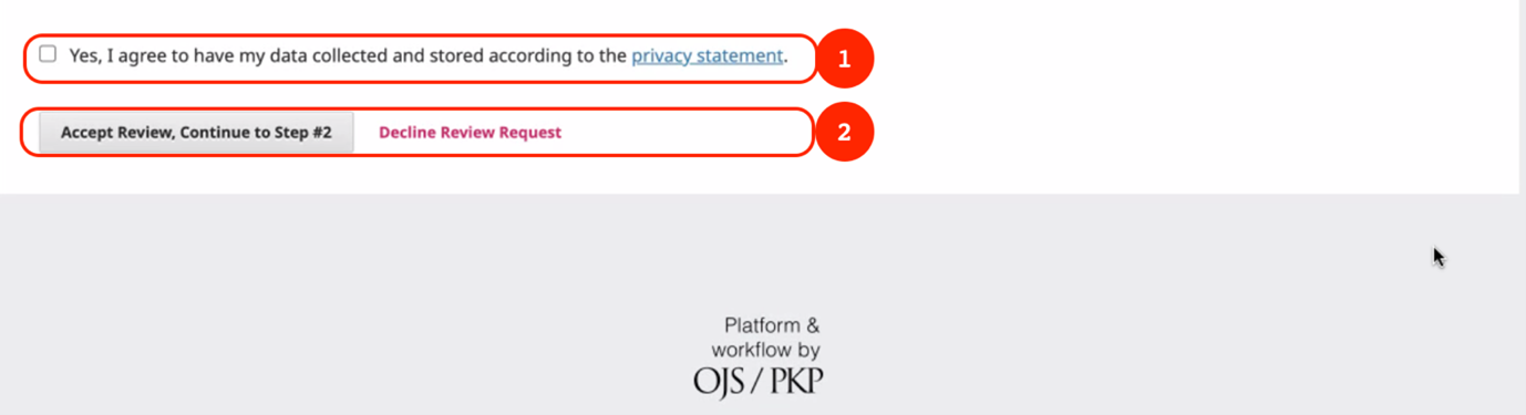 Reviewer response prompts on OJS showing agreement to the privacy statement and buttons for responding